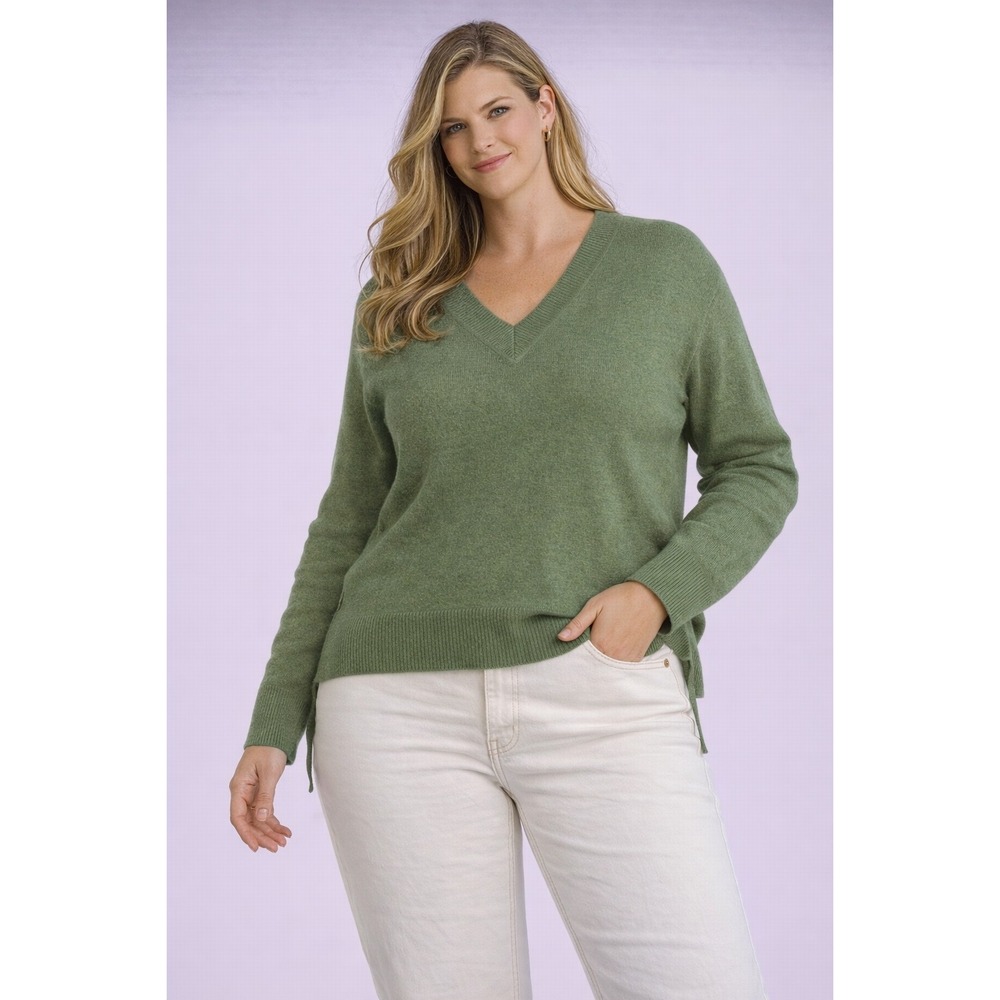 Rachel Zoe 100% Cashmere Sweater XL Green V Neck Soft Luxury Knit